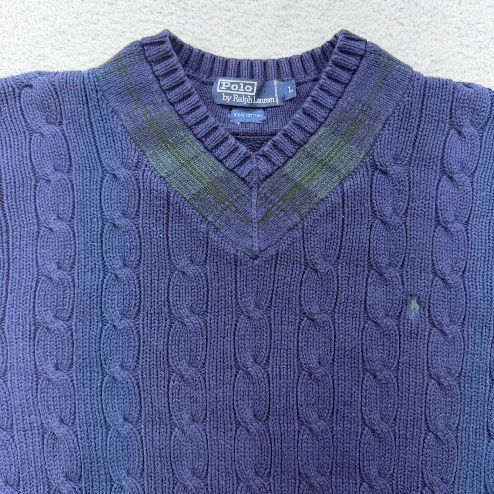 Polo Ralph Lauren Mens Navy Blue Cable Knit Cotton V-Neck Plaid Trim Sweater L